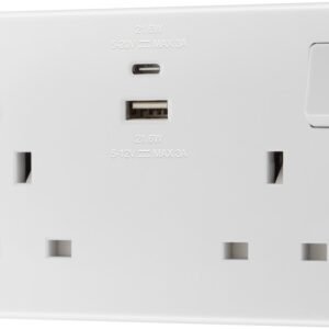 2 Gang 13a Switched Socket With Outboard Rockers + 2 x USB (2.1A) - White