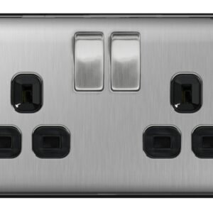 13a 2 Gang Switch Socket Brushed Steel With Black Inserts