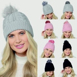 Ladies Cable Hat With 3 Detachable Pompom - Assorted Colours Available